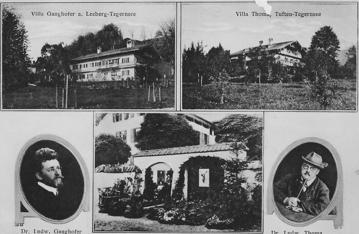 Postkarte mit Portriats von Ludwig Ganghofer und Ludwig Thoma, deren Häuser und Grabstätten